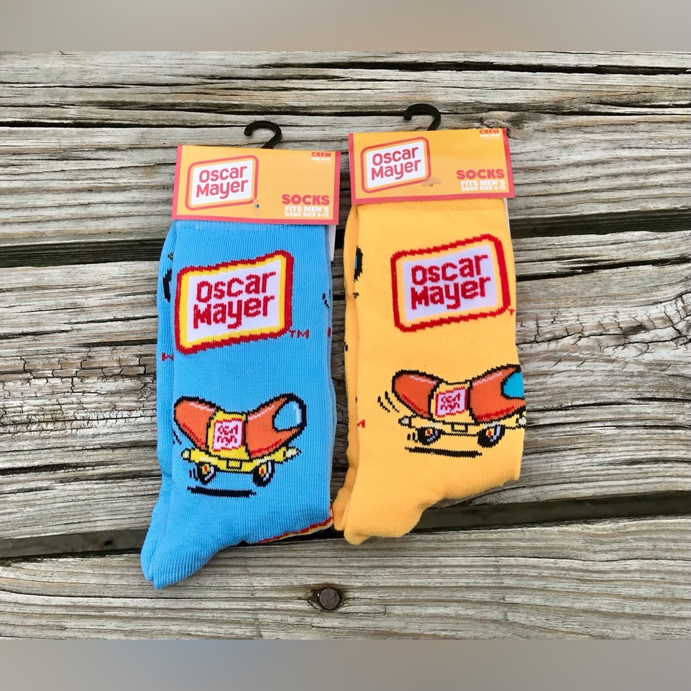 2/$10 NEW 2 Mens Socks Lunck Foods Oscar Mayer Wiener Mobile Hotdogs Food Merch